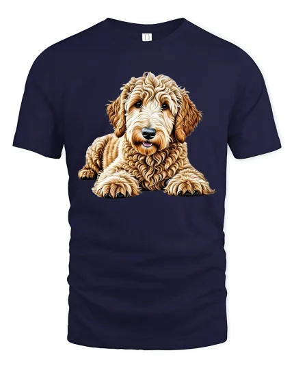 Cute Goldendoodle Puppy Portrait Cartoon Art T Shirt Adorable Tee - navy t-shirt on white background