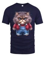 Grumpy Fluffy Cat Cartoon Art T Shirt Funny Attitude Graphic Tee - navy t-shirt on white background