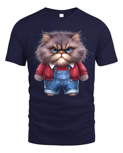 Grumpy Fluffy Cat Cartoon Art T Shirt Funny Attitude Graphic Tee - navy t-shirt on white background