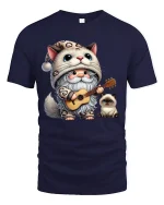Cute Gnome Music Cat Hoodie Cartoon Art T Shirt Cozy Graphic Tee - navy t-shirt on white background