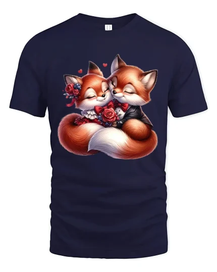 Cute Romantic Fox Couple Cartoon Art T Shirt Sweet Love Graphic Tee - navy t-shirt on white background