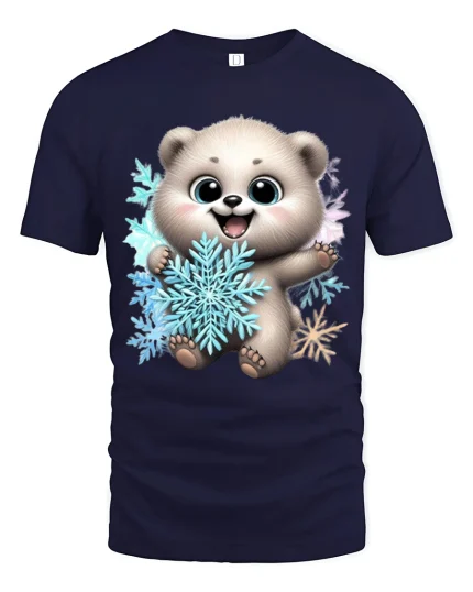 Cute Polar Bear Snowflake Cartoon Art T Shirt Cozy Winter Graphic Tee - navy t-shirt on white background