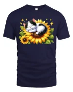 Cute Sleeping Cat On Sunflower Cartoon Art T Shirt Cozy Graphic Tee - navy t-shirt on white background