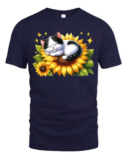 Cute Sleeping Cat On Sunflower Cartoon Art T Shirt Cozy Graphic Tee - navy t-shirt on white background
