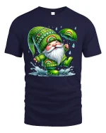 Cute Rainbow Gnome Rain Dance Cartoon Art T Shirt Happy Graphic Tee - navy t-shirt on white background