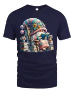 Cute Gnome Reading Book Fantasy Art T Shirt Cozy Graphic Tee - navy t-shirt on white background
