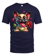 Cute French Bulldog Love Rose Cartoon Art T Shirt Funny Graphic Tee - navy t-shirt on white background