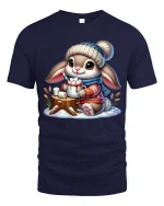 Cute Bunny Hot Cocoa Winter Cartoon Art TShirt Cozy Graphic Tee - navy t-shirt on white background