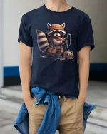 Raccoon Craftsman Adventure T Shirt Funny Cute Graphic Tee - model wearing navy tee with hands in pockets