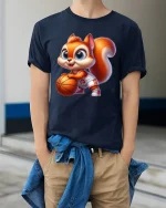 Cute Basketball Squirrel Cartoon Art T Shirt Fun Sport Graphic Tee - model wearing navy tee with hands in pockets