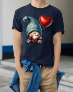 Cute Gnome Holding Heart Balloon Cartoon Art T Shirt Cozy Graphic Tee - model wearing navy tee with hands in pockets
