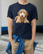 Cute Goldendoodle Puppy Portrait Cartoon Art T Shirt Adorable Tee - model wearing navy tee with hands in pockets