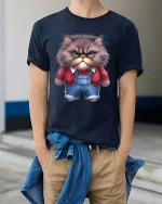 Grumpy Fluffy Cat Cartoon Art T Shirt Funny Attitude Graphic Tee - model wearing navy tee with hands in pockets