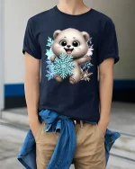 Cute Polar Bear Snowflake Cartoon Art T Shirt Cozy Winter Graphic Tee - model wearing navy tee with hands in pockets