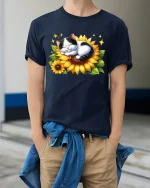 Cute Sleeping Cat On Sunflower Cartoon Art T Shirt Cozy Graphic Tee - model wearing navy tee with hands in pockets