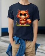 Cute Big Eyes Kitty Cartoon Art T Shirt Adorable Graphic Tee - model wearing navy tee with hands in pockets
