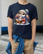 Cute Bunny Hot Cocoa Winter Cartoon Art TShirt Cozy Graphic Tee - model wearing navy tee with hands in pockets