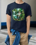 Cute Irish Gnome Reading Book Fantasy Art T Shirt Cozy Graphic Tee - model wearing navy tee with hands in pockets