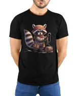 Raccoon Craftsman Adventure T Shirt Funny Cute Graphic Tee - model wearing black tee with hands behind back