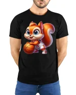 Cute Basketball Squirrel Cartoon Art T Shirt Fun Sport Graphic Tee - model wearing black tee with hands behind back