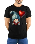 Cute Gnome Holding Heart Balloon Cartoon Art T Shirt Cozy Graphic Tee - model wearing black tee with hands behind back