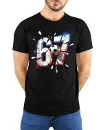 67 Soccer Power Graphic T Shirt Bold Goal Moment Sport Tee - model wearing black tee with hands behind back