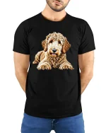 Cute Goldendoodle Puppy Portrait Cartoon Art T Shirt Adorable Tee - model wearing black tee with hands behind back