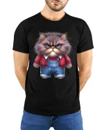 Grumpy Fluffy Cat Cartoon Art T Shirt Funny Attitude Graphic Tee - model wearing black tee with hands behind back