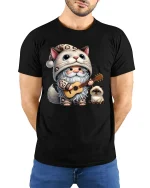 Cute Gnome Music Cat Hoodie Cartoon Art T Shirt Cozy Graphic Tee - model wearing black tee with hands behind back