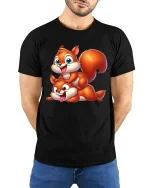 Funny Playful Squirrel Duo Cartoon Art T Shirt Cute Graphic Tee - model wearing black tee with hands behind back