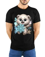 Cute Polar Bear Snowflake Cartoon Art T Shirt Cozy Winter Graphic Tee - model wearing black tee with hands behind back