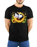 Cute Sleeping Cat On Sunflower Cartoon Art T Shirt Cozy Graphic Tee - model wearing black tee with hands behind back