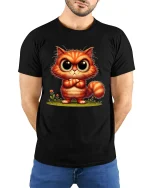 Cute Big Eyes Kitty Cartoon Art T Shirt Adorable Graphic Tee - model wearing black tee with hands behind back