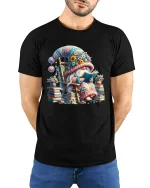 Cute Gnome Reading Book Fantasy Art T Shirt Cozy Graphic Tee - model wearing black tee with hands behind back