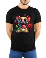 Cute French Bulldog Love Rose Cartoon Art T Shirt Funny Graphic Tee - model wearing black tee with hands behind back