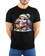 Cute Bunny Hot Cocoa Winter Cartoon Art TShirt Cozy Graphic Tee - model wearing black tee with hands behind back