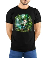 Cute Irish Gnome Reading Book Fantasy Art T Shirt Cozy Graphic Tee - model wearing black tee with hands behind back