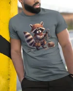 Raccoon Craftsman Adventure T Shirt Funny Cute Graphic Tee - model wearing grey tee, leaning on column