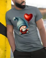 Cute Gnome Holding Heart Balloon Cartoon Art T Shirt Cozy Graphic Tee - model wearing grey tee, leaning on column