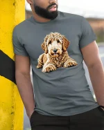Cute Goldendoodle Puppy Portrait Cartoon Art T Shirt Adorable Tee - model wearing grey tee, leaning on column