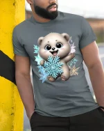 Cute Polar Bear Snowflake Cartoon Art T Shirt Cozy Winter Graphic Tee - model wearing grey tee, leaning on column