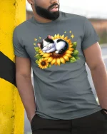 Cute Sleeping Cat On Sunflower Cartoon Art T Shirt Cozy Graphic Tee - model wearing grey tee, leaning on column