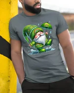 Cute Rainbow Gnome Rain Dance Cartoon Art T Shirt Happy Graphic Tee - model wearing grey tee, leaning on column