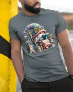 Cute Gnome Reading Book Fantasy Art T Shirt Cozy Graphic Tee - model wearing grey tee, leaning on column