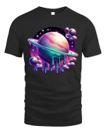 Cosmic Melting Planet Galaxy Art T Shirt Colorful Space Graphic Tee - black t-shirt on white background