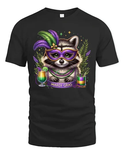 Mardi Gras Raccoon Mask Graphic T Shirt With Festive Party Spirit - black t-shirt on white background