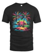 Tropical Palm Sunset Graphic T Shirt With Colorful Island Vibes - black t-shirt on white background