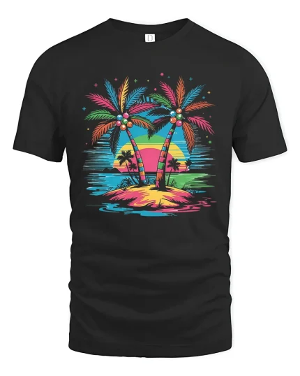 Tropical Palm Sunset Graphic T Shirt With Colorful Island Vibes - black t-shirt on white background