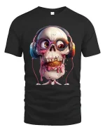 Funny Skull Headphones Graphic T Shirt With Melting Ice Cream Style - black t-shirt on white background