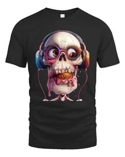 Funny Skull Headphones Graphic T Shirt With Melting Ice Cream Style - black t-shirt on white background